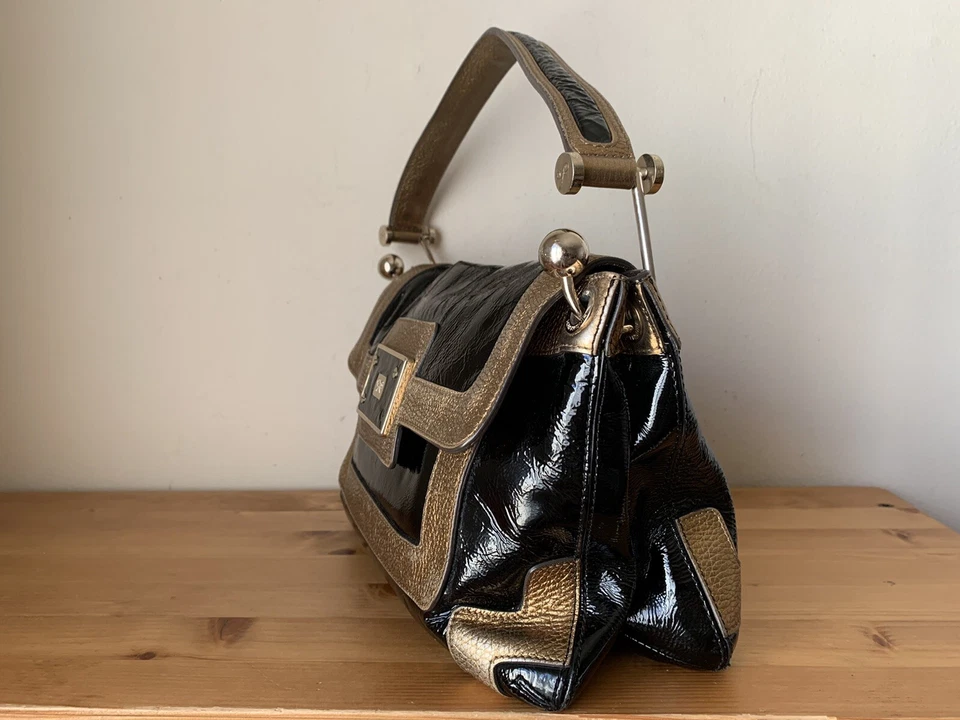 ANYA HINDMARCH Mujer Bolso de Mano Negro Charol Dorado Herrajes Bolso Foto 4 de 4