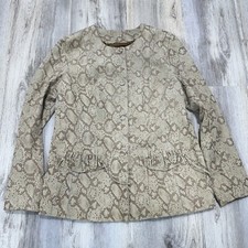 Chi By Falchi Gray Brown Snake Print Leather Jacket Collarless Button Front Sz L