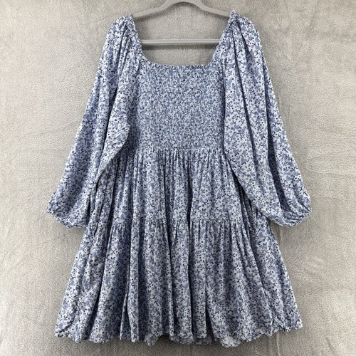 Old Navy Dress 3X Blue Paisley Floral Babydoll Tiered Square Tie Neck Smocked - Picture 8 of 17