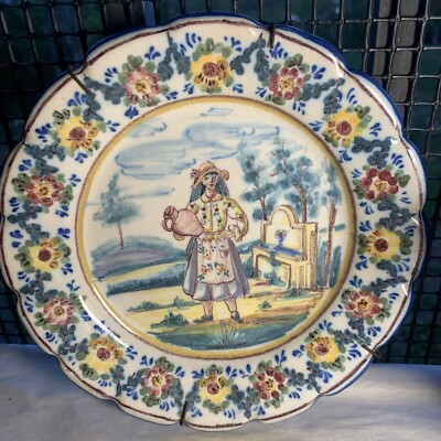 Hand Painted Glaze Portugal 7.5 Wall Plate Old Country Floral Border Lisboa 1957