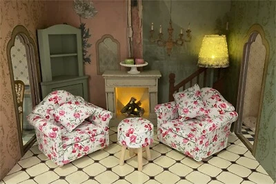Dollhouse 1:12 scale floral "upholstered" living room armchair or stool UK STOCK - Image 1 of 4