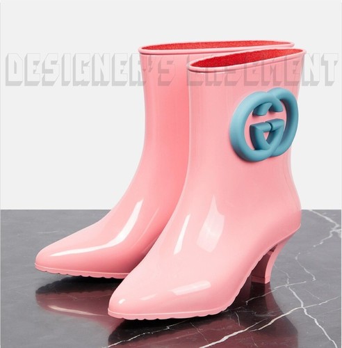 GUCCI 37 pink GENE blue Interlocking G logo rubber ankle RAINBOOTS Booties NIB - Picture 10 of 10