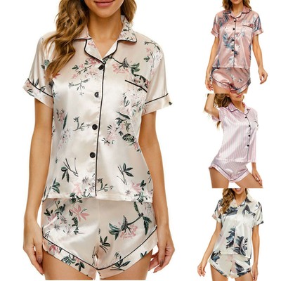 New Women's Silk Satin Pajamas Set Short Sleeve Button-Down Sleepwear Loungewear