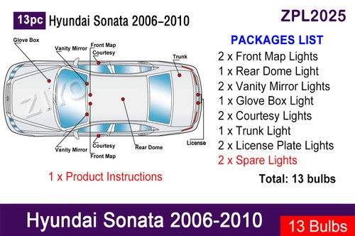 Kit de luces interiores de bombillas LED para Hyundai Sonata 2006-2010 luz domo blanca - Imagen 2 de 8