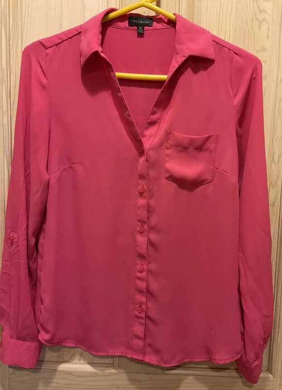 The Limited Hot Pink Button Up Pocket Dress Blouse Shirt Polyester XS Pre-Owned