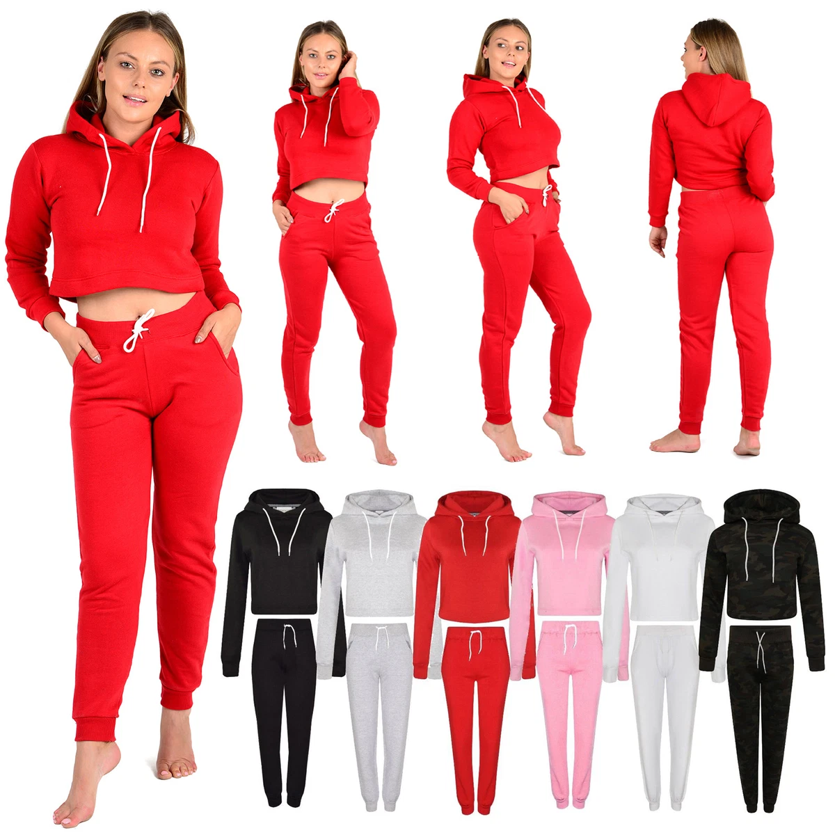 Womens Tracksuit Set Ladies Plain Crop Top Hoodie Jogging Bottoms Tights  XS-L