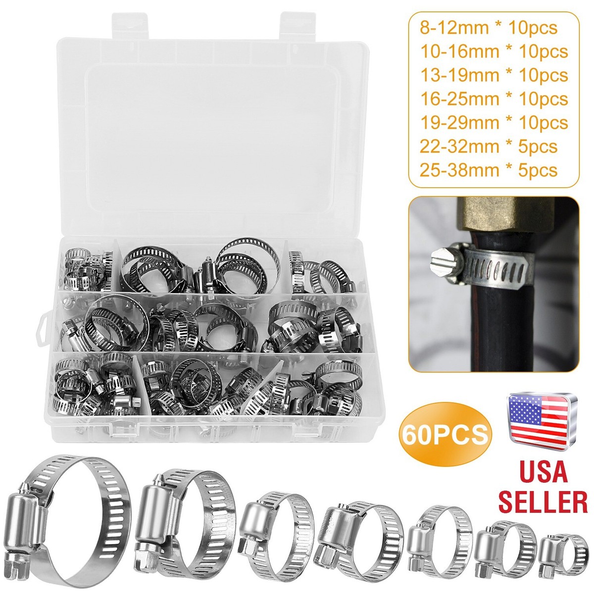 60PCS Car Hose Clamp Assortment Kit – 1/4" To 7/10" Adjustable Worm Gear Clips For Fuel Line & Pipe