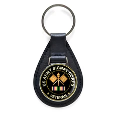 US Army Signal Corps Veteran Black Leather Keychain Silver Keyring Military Gift