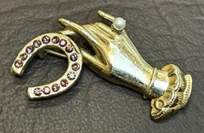 Victorian Revival Vintage Signed Coro Rhinestone Hand And Horseshoe Luck Brooch