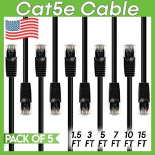 5 PACK Cat5e Cable Black Cat 5 Patch Cord Ethernet RJ45 Connectors LAN Wire