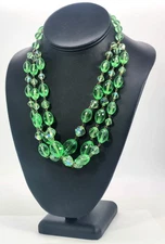 VTG Green Faceted Bead Necklace 3-Strand Acrylic AB Glass Choker UV Glow 1960s