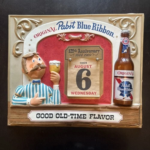 VTG 1969 PABST BLUE RIBBON BEER BARTENDER MAN 125TH ANNIVERSARY CALENDAR/SIGN