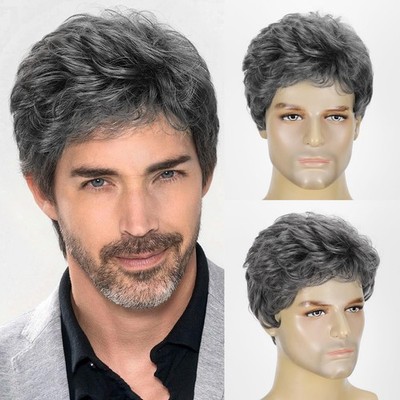 Men Black Gray Short Curly Hair Wigs Short Pixie Daily Synthetic Natural Cosplay