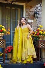 Women Yellow Anarkali Suit Set Organza Embroidery Sequin Gown Sharara Dupatta