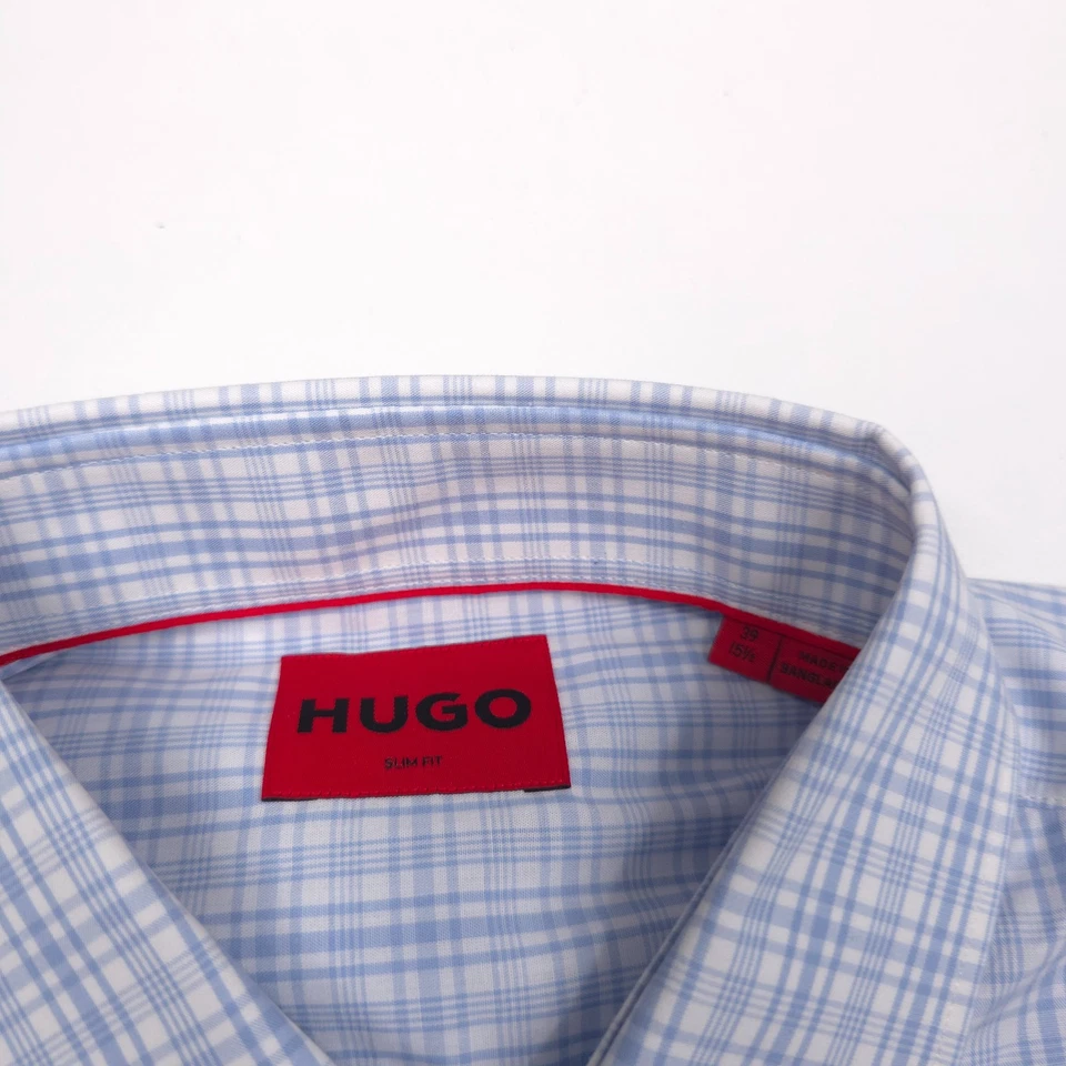 $128 HUGO BOSS Kenno Slim Fit Blue Plaid Dress Shirt Mens Size Medium - 15.5 - Image 3 of 4