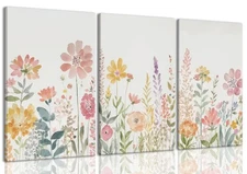 Framed Colorful Wildflower Canvas Wall Art, Floral Wall Art, Watercolor Flowe...