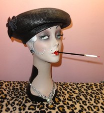 Vintage Black Woven Beret Hat w/ Sequins Bow and Feathers Kentucky Derby church
