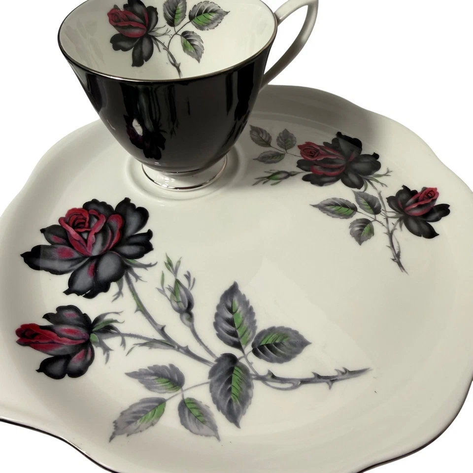 Juego de tazas de platos de pastel Royal Albert Masquerade hueso de rosa negro China Inglaterra Foto 2 de 4