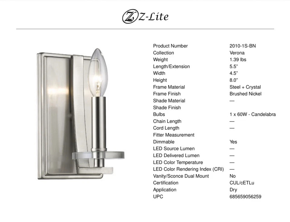 "Aplique de pared candelabro Z-Lite Verona de 8"" de alto, 2010-1S-BN - níquel cepillado" Foto 3 de 4
