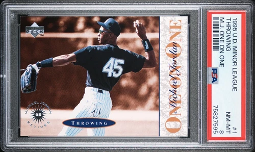 1995 UPPER DECK MINOR LEAGUE MICHAEL JORDAN #1 THROWING ONE ON ONE NM MINT PSA 8