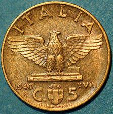 1940 Italia 5 Centesimi Vittorio Emanuele III KM# 73a