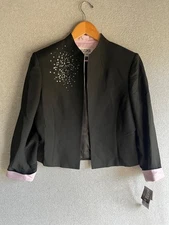 Kasper Suit Jacket Womens 10P Black Embelished Open Lined Career Office NWT