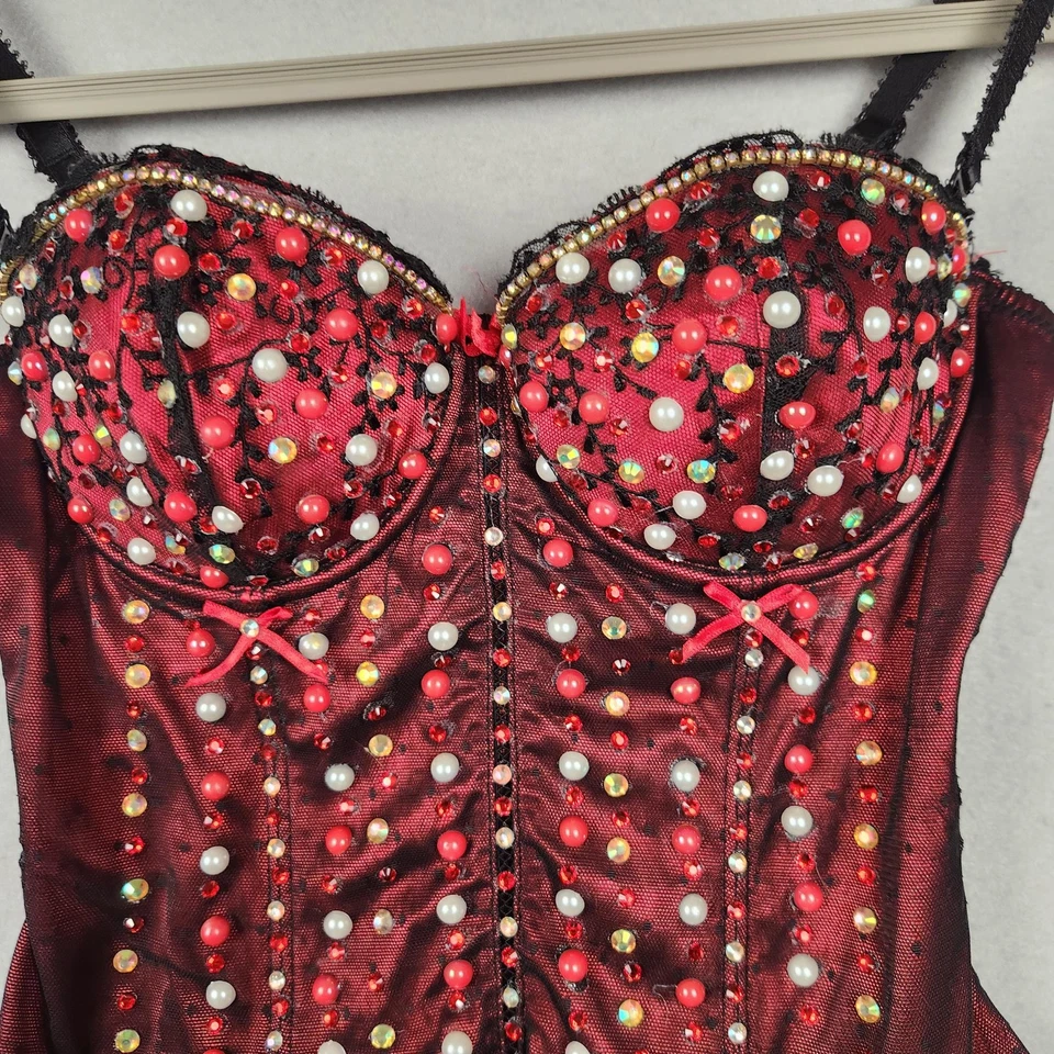 Top espartilho Affinitas Intimates Bustier feminino 32C vermelho preto renda strass - Imagem 4 de 4