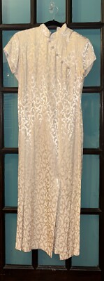 90s John Roberts Cheongsam Asian style Maxi Dress Beige  Bamboo Jacquard, 8