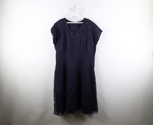 Vintage 60s 70s Rockabilly Womens XL Distressed Jeweled Floral Lace Dress USA