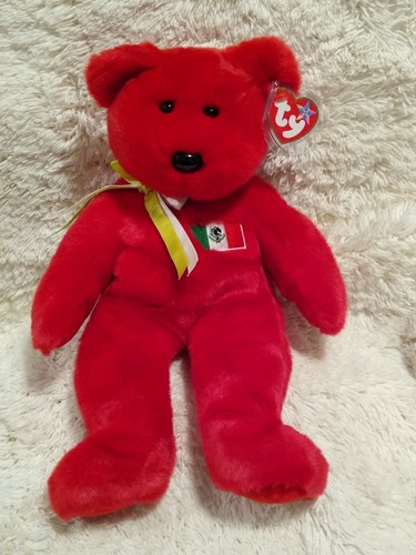 Ty Beanie Buddies "Osito" roter Bär mit mexikanischer Flagge 1999 (DSLRT02K)