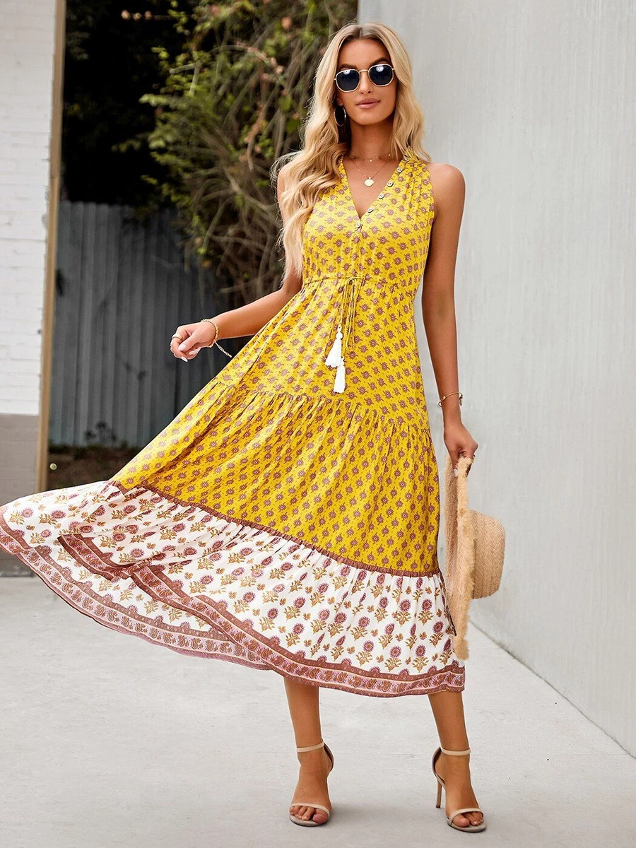 Elegant V-Neck Midi Dress Fashionable Summer Holiday Mid-Calf