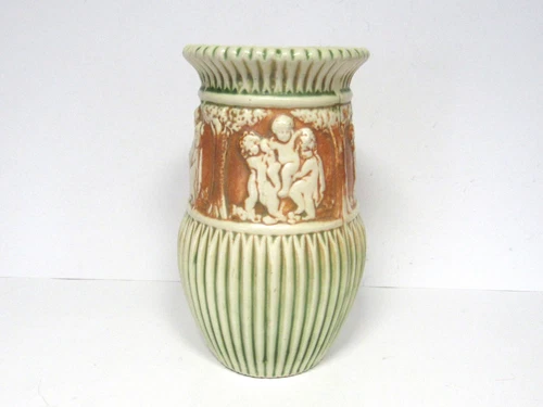 Roseville Pottery Donatello 1916 Antique Vase 107-10 Green/Ivory/Tan Cherubs