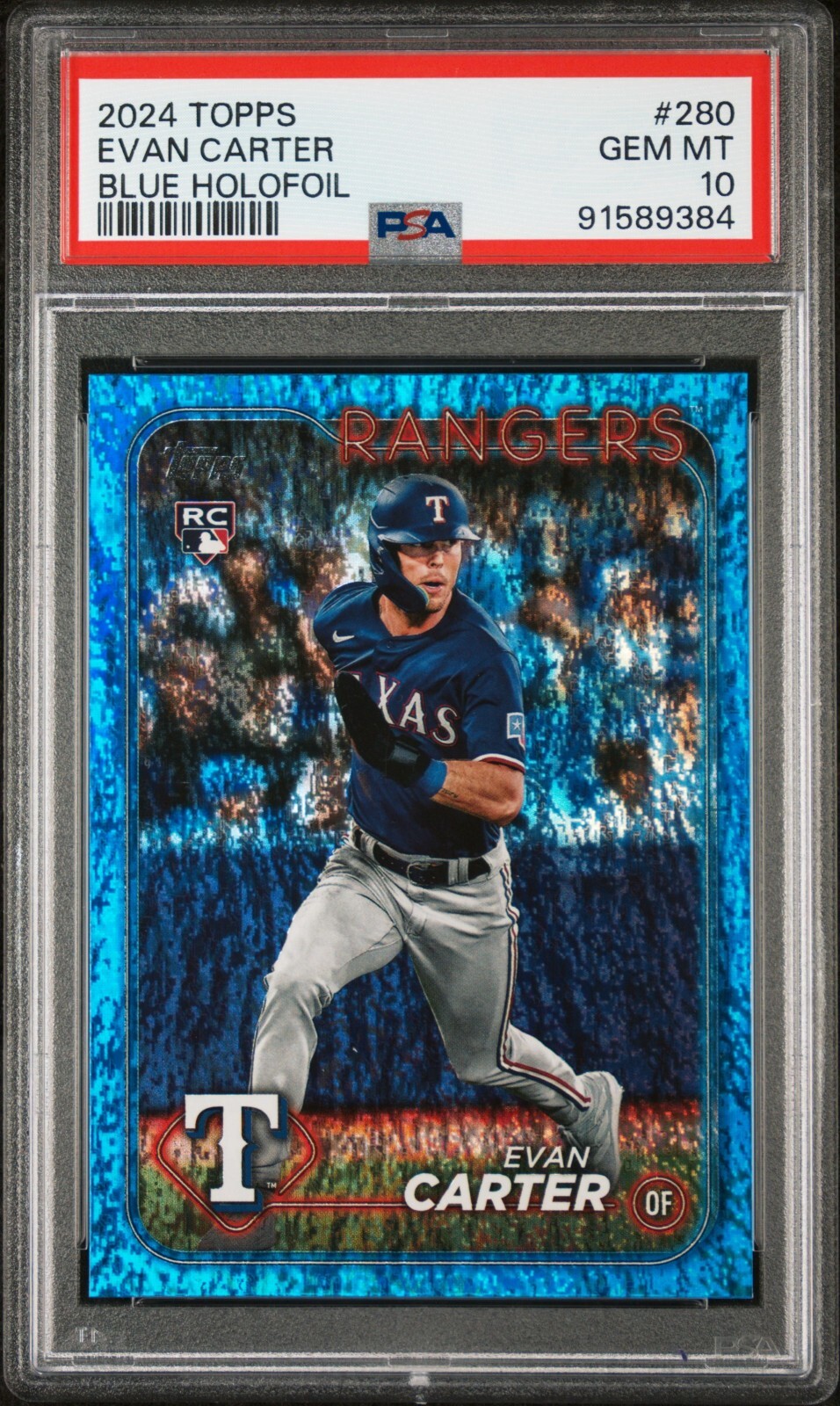 EVAN CARTER 2024 TOPPS SERIES 1 BLUE HOLOFOIL /999 PSA 10 Rangers Rookie #280