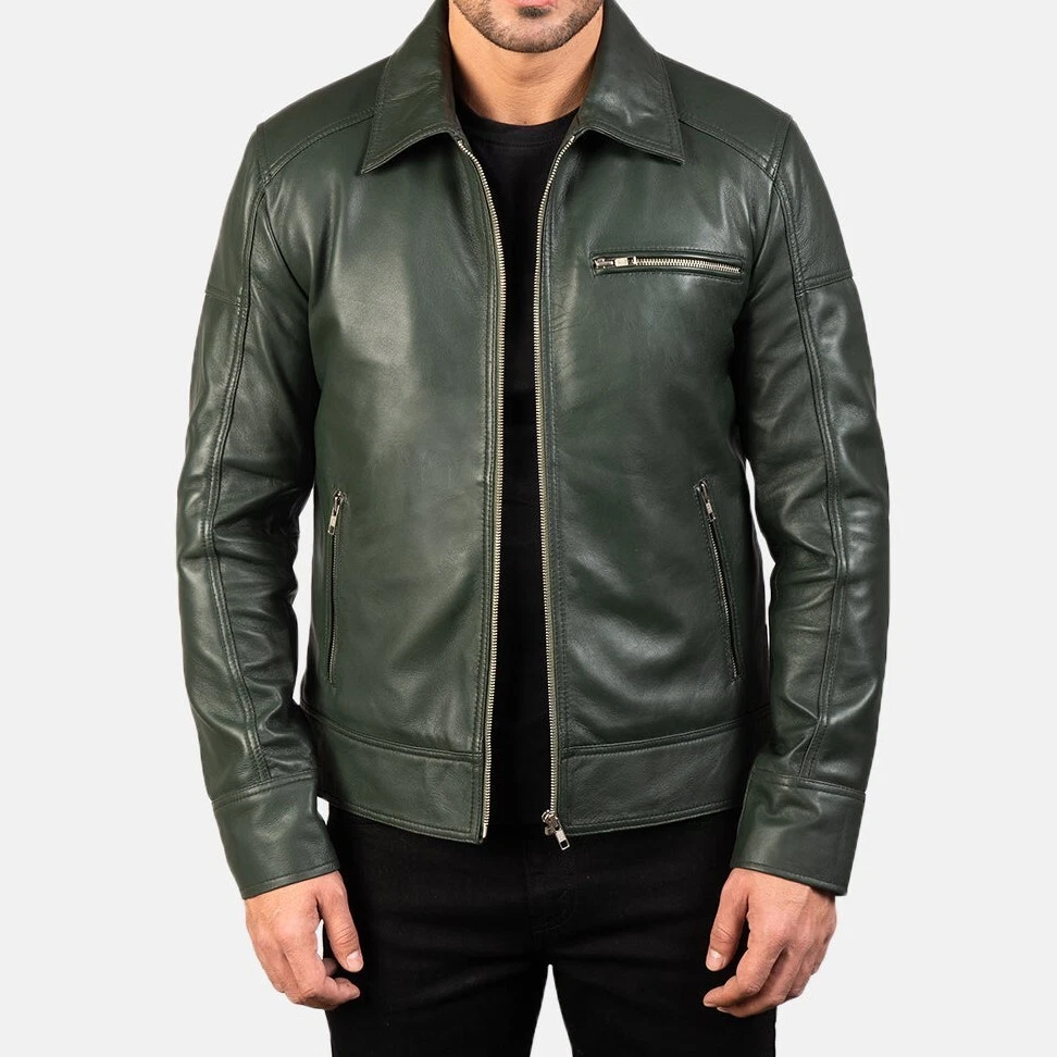 Men's Green Genuine Leather Biker Jacket Cafe Racer Style