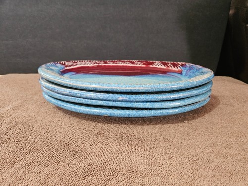 CLYDE GOBBLE POTTERY HANDMADE RED BLUE OVAL PLATES SIGNED 12" EXCELLENT SET OF 4 - Picture 7 of 9