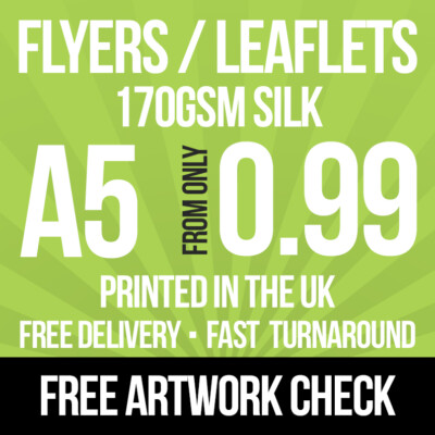 A5 Flyer Prospekte - vollfarbig bedruckt - 170 g/m² Seide - A5 Flyer Druck UK