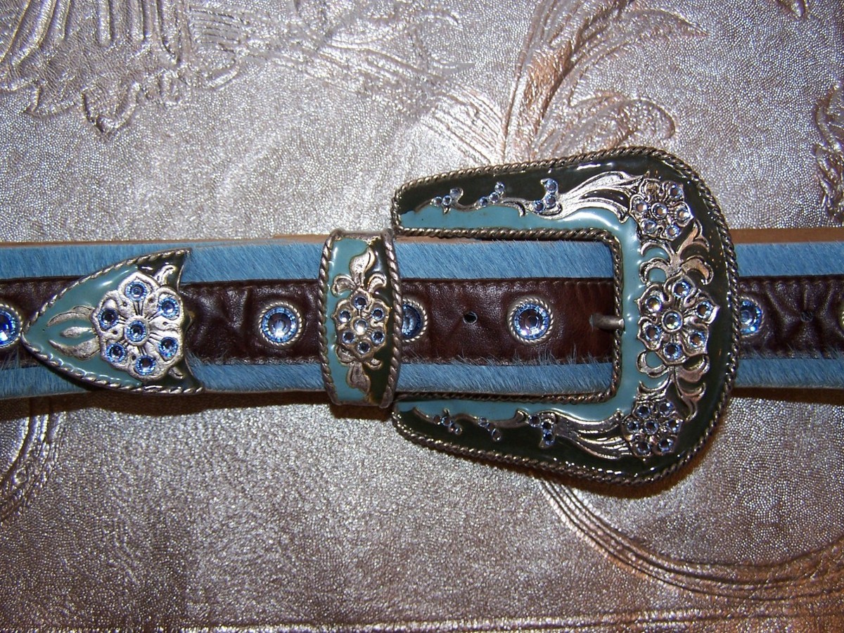 Western Blue and Brown Leatherock Belt Made with Swarovski 