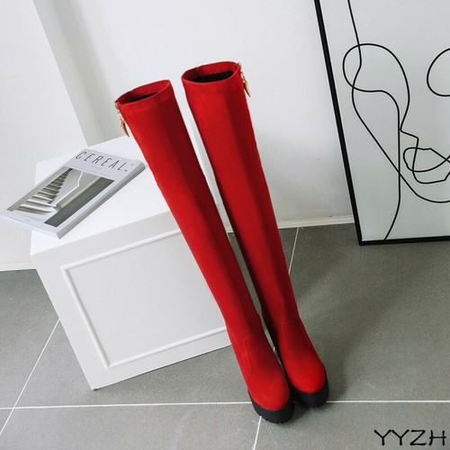 Women Sexy Over Knee High Platform Round Toe Faux Suede Metal Chain Boots SZ - Picture 3 of 14