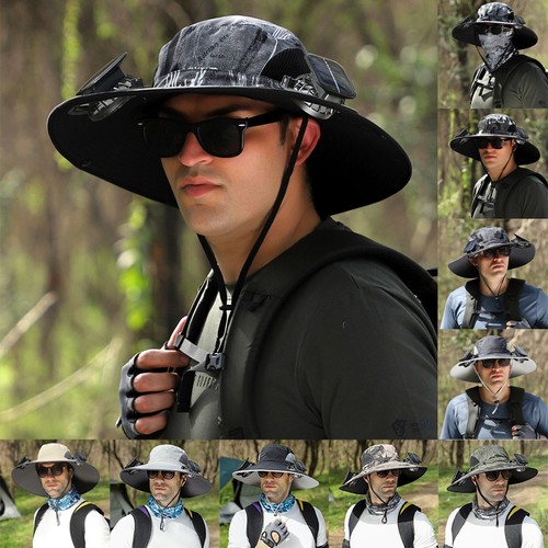 Outdoor Wide Brim Sun Hat with 2 Solar Fan UV Protection Hiking Camping Fishing