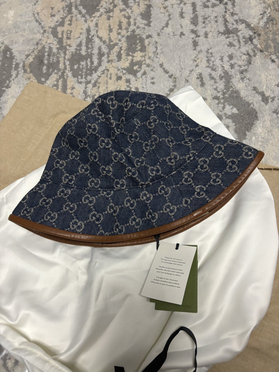 GUCCI デニム バケットハット Lサイズ Authentic Gucci GG Size L Denim Nappa Leather Trim Bucket
