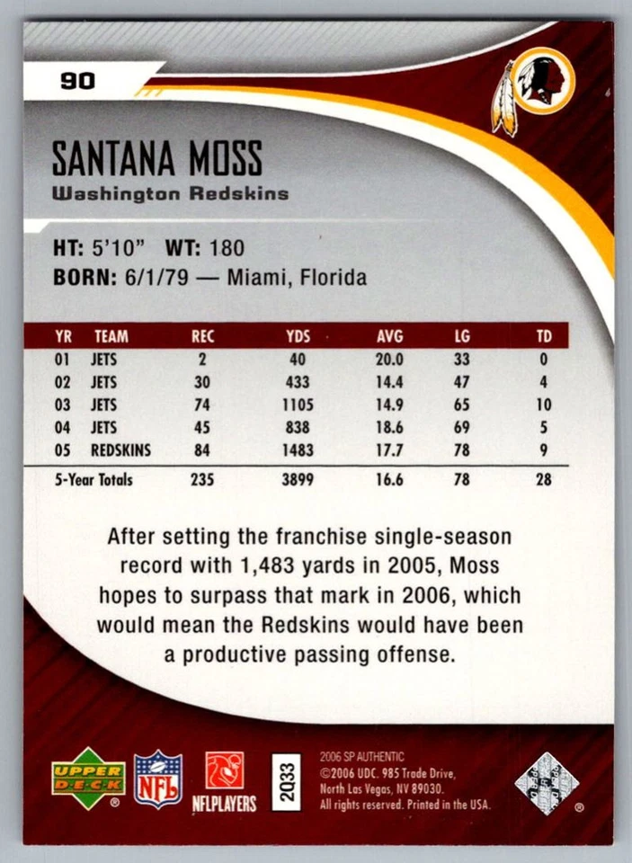 2006 SP Authentic Santana Moss Washington Redskins #90 - Image 2 of 2