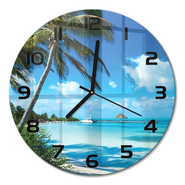 Runde Wanduhr Aus GehäRtetem Glas Tropischer Strand Schwarze Zeiger Fi30 Cm-image