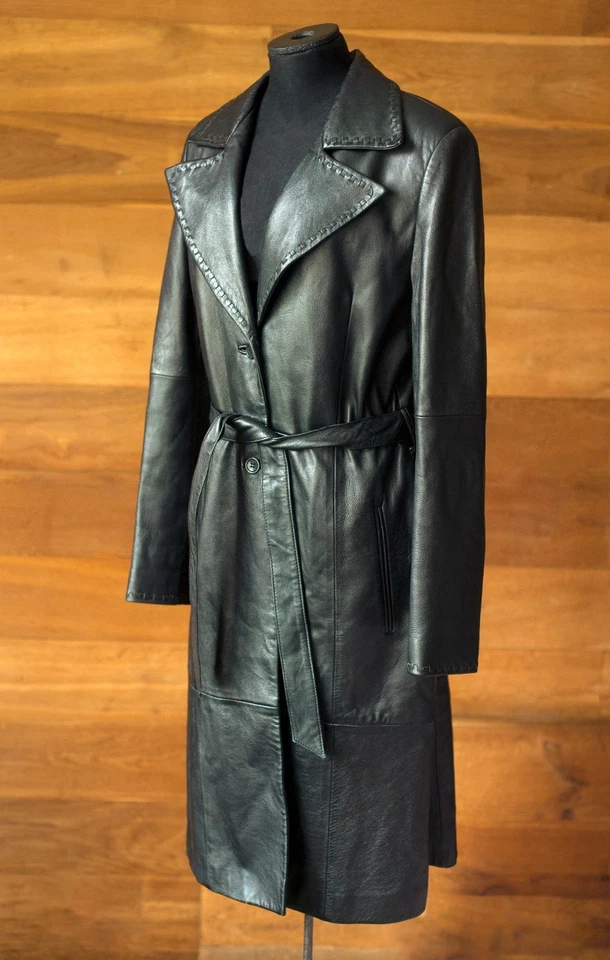 Abrigo midi de cuero genuino negro para mujer Mango, talla M, L Foto 3 de 4