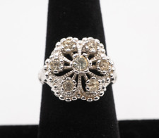Vintage Silver-Toned Floral Burst Rhinestone Statement Ring Size 6.5
