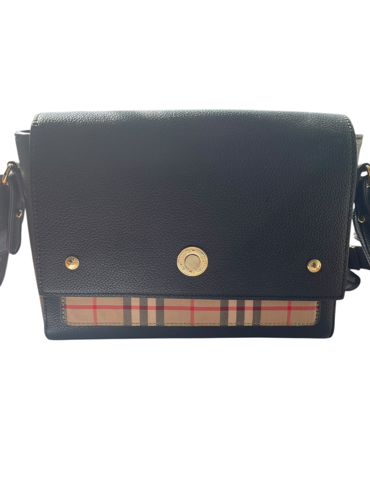 Burberry Note Crossbody Bag Leather with Vintage Check Canvas Medium