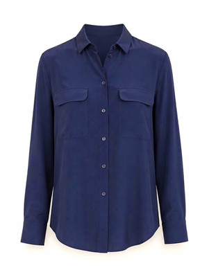 Magaschoni Women's Blouse Size 2 Blue Solid 100% Silk Collared Long Sleeve