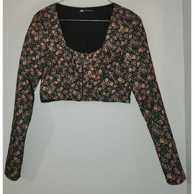Zara Floral Corset Crop Top Long Sleeve Square Neck Hook Eye Front Small