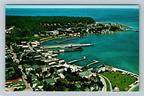 Mackinac Island MI-Michigan, Luftaufnahme, Hafen Vintage Souvenir Postkarte - Bild 1 von 4