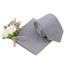 DQT Plain Knitted Slim Neck Tie and Pocket Square Set for Men Silver