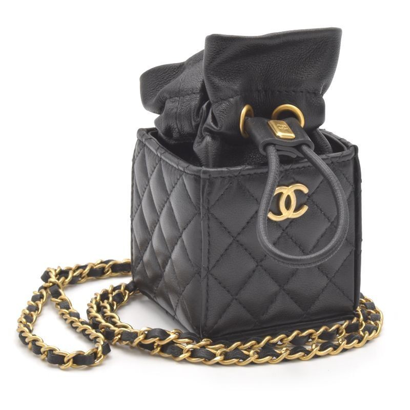 Chanel Mini Drawstring Chain Shoulder Bag in Black Lambskin Matte Matelasse